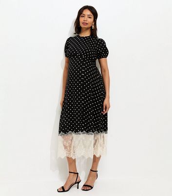 Maternity Black Polka Dot Lace Trim Midi Dress | New Look