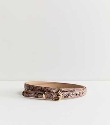 Pink Faux Leather Snake Print Skinny Belt
