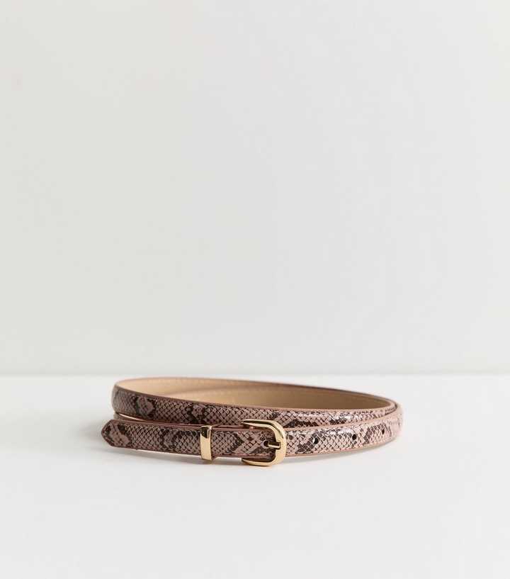 Pink Faux Leather Snake Print Skinny Belt