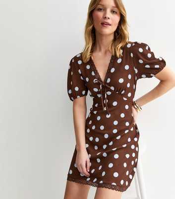 Brown Polka Dot Lace Trim Mini Dress