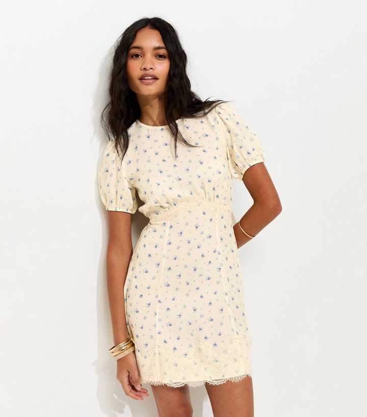 Cream Ditsy Floral Puff Sleeve Mini Dress