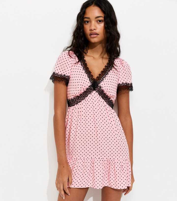 Light Pink Polka Dot Lace Trim Mini Dress