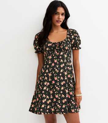 Black Floral Ruched Bodice Mini Dress