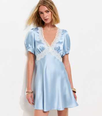Light Blue Satin Lace Trim Mini Dress