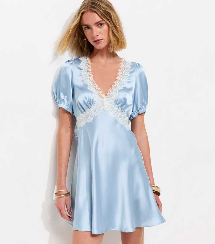 Light Blue Satin Lace Trim Mini Dress