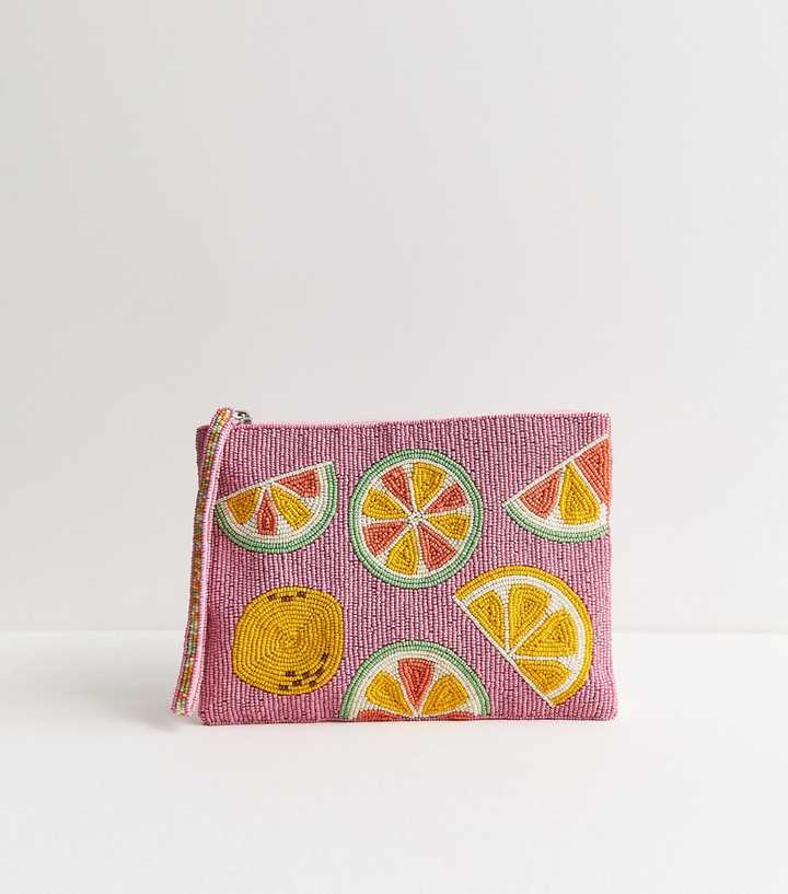 Pink Beaded Fruit Zip Pouch