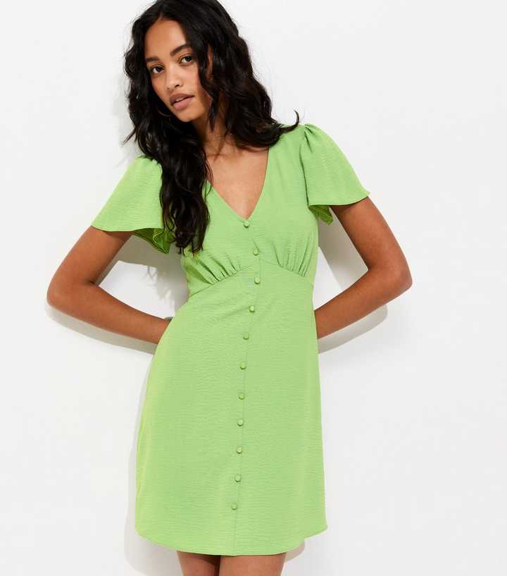 Bright Green V-Neck Button Up Mini Tea Dress