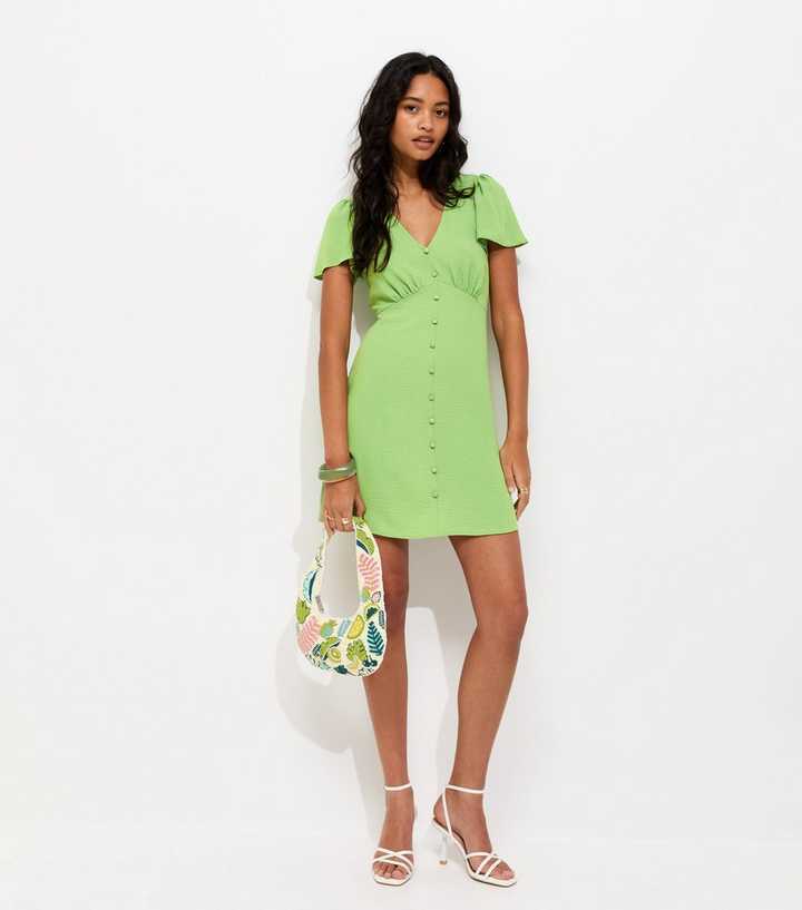 Bright Green V-Neck Button Up Mini Tea Dress | New Look