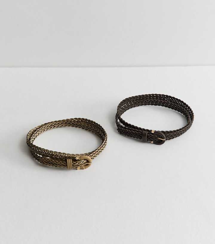 Mink Pack of 2 Faux Leather Plaited Skinny Belts