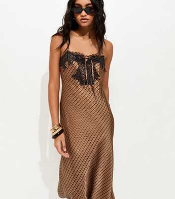 Brown Satin Striped Slip Midi Dress