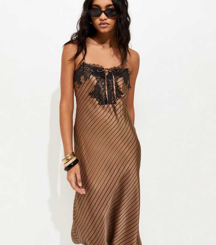Brown Satin Striped Slip Midi Dress