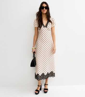 Cream Spot Print Lace Trim V-Neck Midi Dress