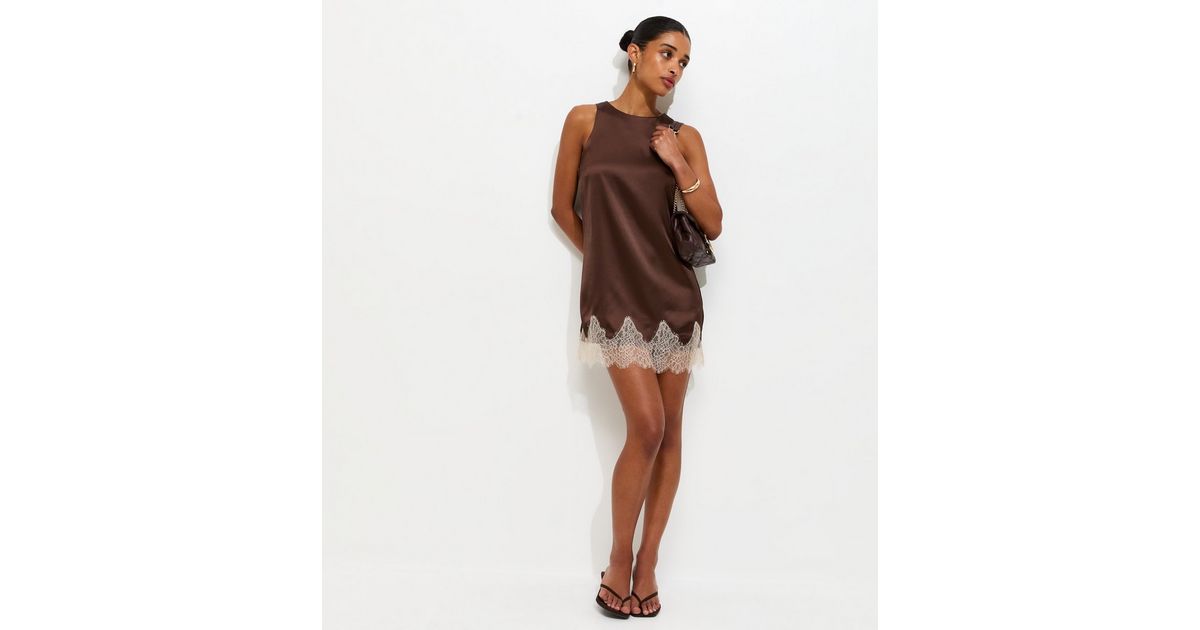 Brown Satin Shift Lace Trim Mini Dress | New Look