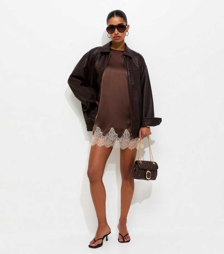 Brown Satin Shift Lace Trim Mini Dress | New Look Brown Satin Shift Lace Trim Mini Dress | New Look
