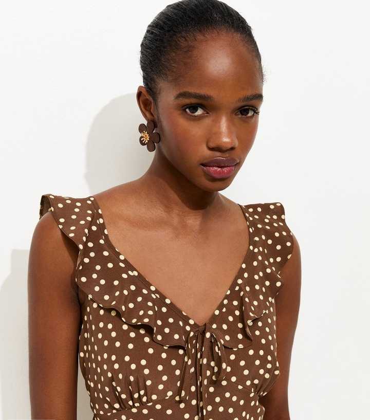 new look brown polka dot dress Ruffle Strap Midi Released:February Love this dress Style:BM124L and puff sleeves