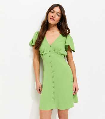 Petite Green Flutter Sleeve Mini Tea Dress