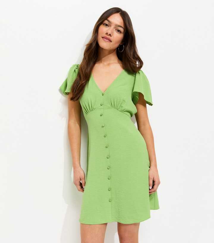 Petite Green Flutter Sleeve Mini Tea Dress