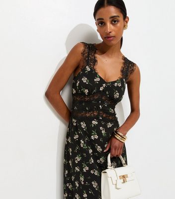 Black Floral Print Lace Trim A-Line Midi Dress
