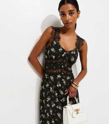 Black Floral Print Lace Trim A-Line Midi Dress