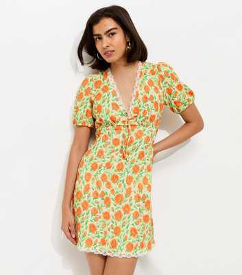 Cream Floral Print Lace Trim Mini Dress