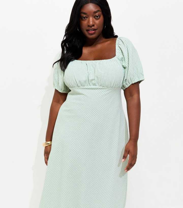 Curves Green Gingham Milkmaid Midi Dress | New Look