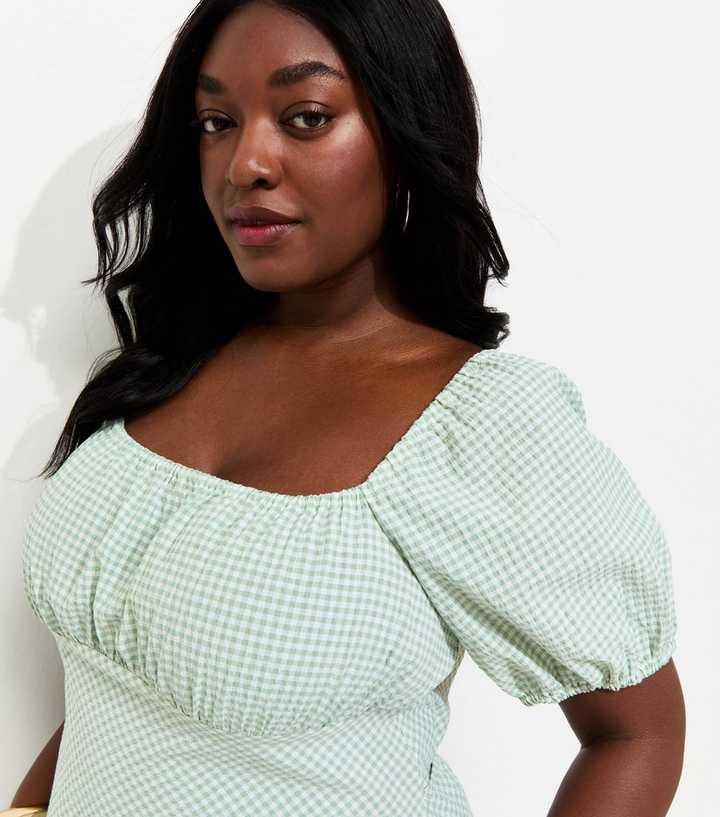 Curves Green Gingham Milkmaid Midi Dress | New Look