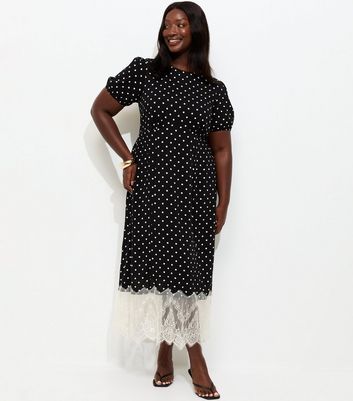Curves Black Spot Print Lace Hem Midi Dress | New Look