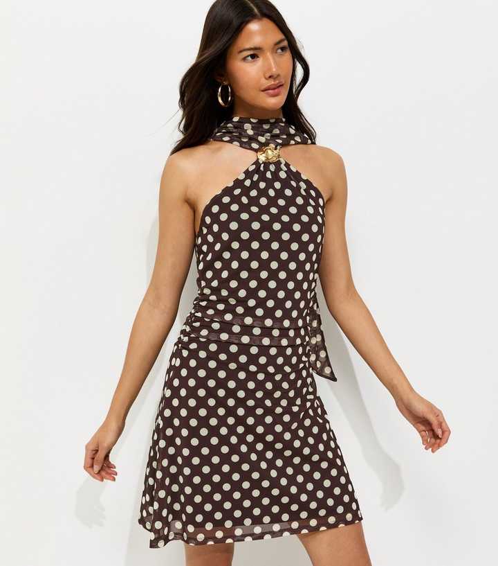 Brown Polka Dot Halter Neck Mesh Mini Dress | New Look