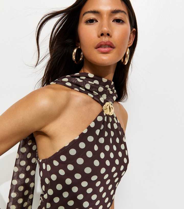 Brown Polka Dot Halter Neck Mesh Mini Dress | New Look Brown Polka Dot Halter Neck Mesh Mini Dress | New Look