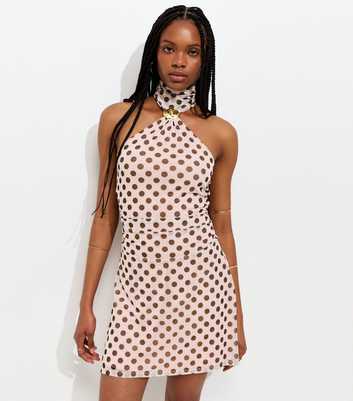 Pink Polka Dot Halter Neck Mesh Mini Dress