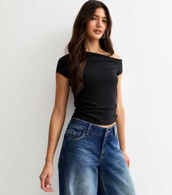 Black Off Shoulder Gathered Side Top