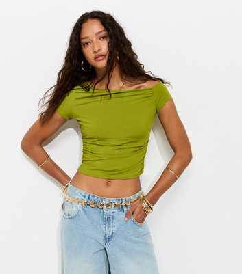 Bright Green Off Shoulder Gathered Side Top