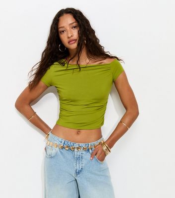 トップス meer. SHOULDER GATHERED TOP(BLE GRY) Bright Green Off Shoulder Gathered Side Top | New Look