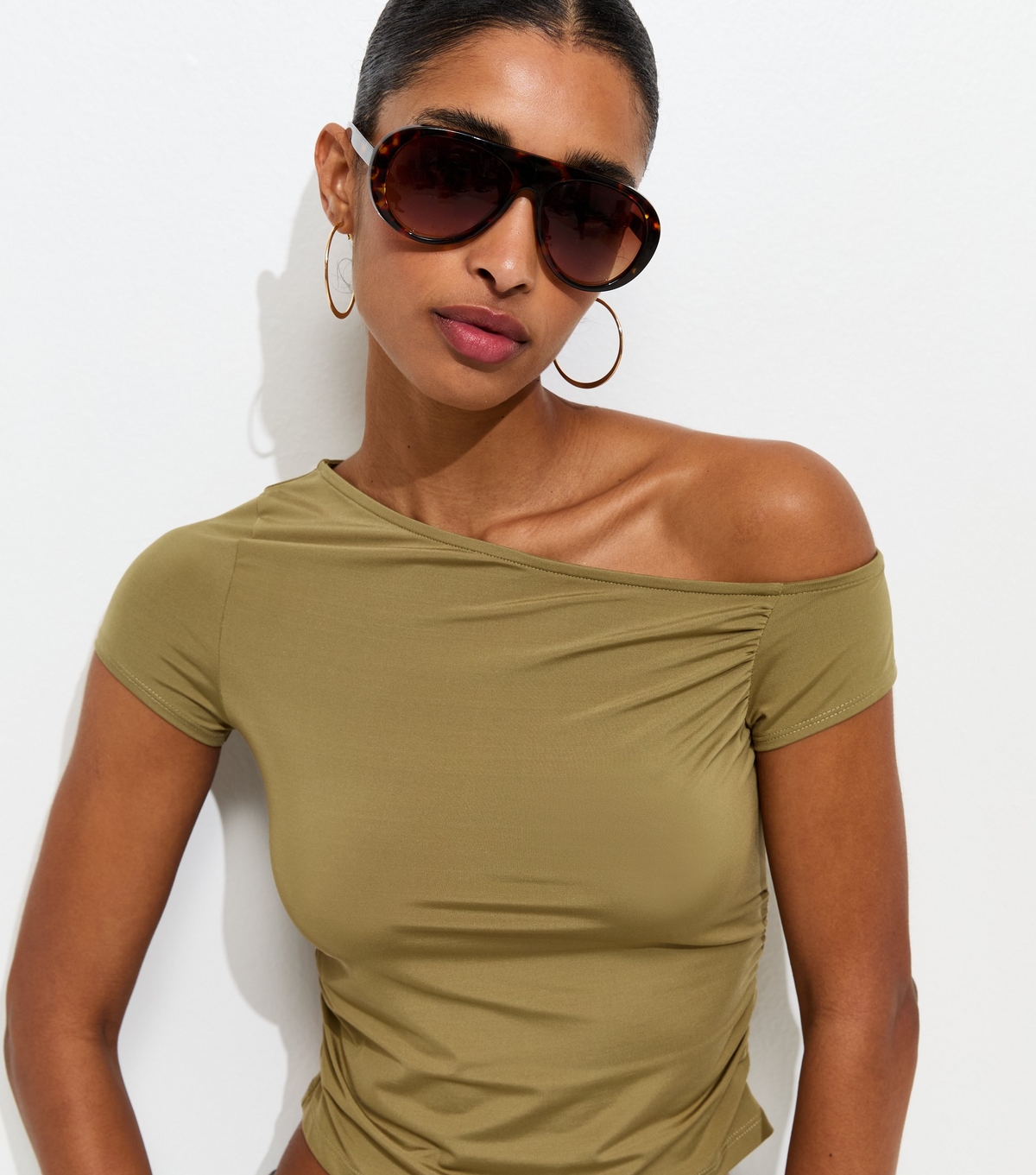 Women's Light Khaki Slinky Off Shoulder Gathered Side Top New Look