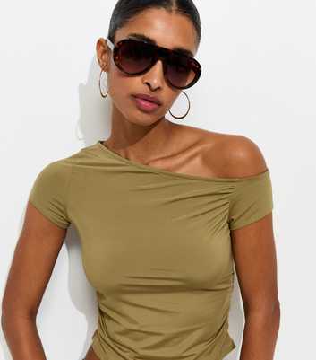 Light Khaki Slinky Off Shoulder Gathered Side Top