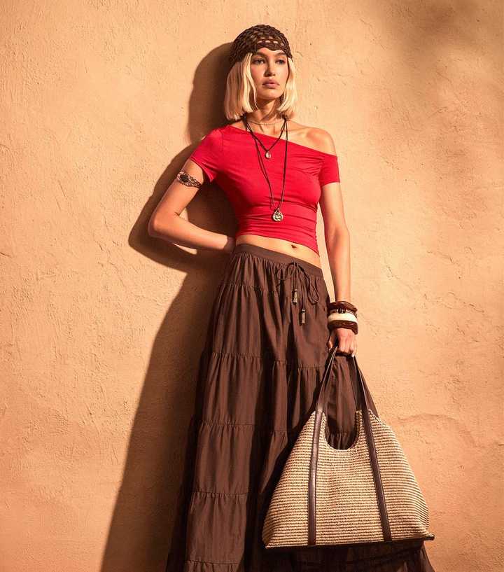 Red Off Shoulder Gathered Side Top