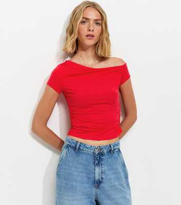 Red Slinky Off Shoulder Gathered Side Top
