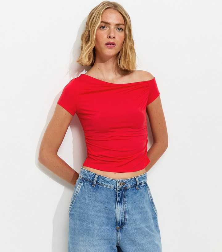 Red Slinky Off Shoulder Gathered Side Top