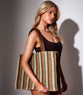 South Beach Brown Straw Stripe Tote Bag