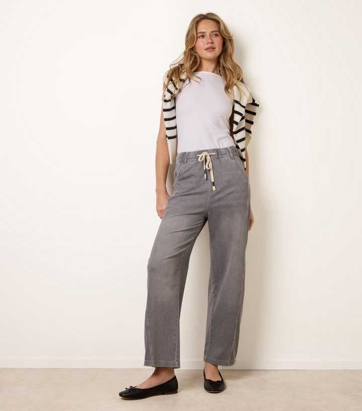 Blue Vanilla Grey Drawstring Waist Barrel Leg Jeans