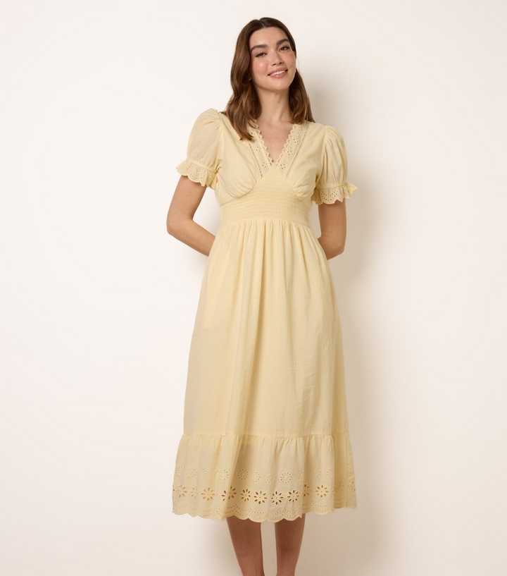 Blue Vanilla Light Yellow Cotton Broderie Anglaise Midi Dress
