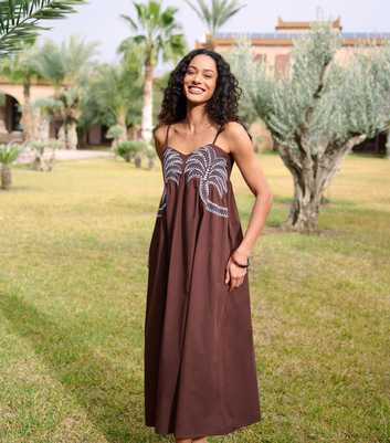 Blue Vanilla Dark Brown Palm Tree Embroidered Midi Smock Dress