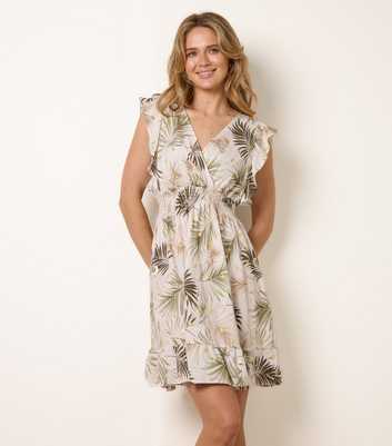 Blue Vanilla Dark Khaki Palm Leaf Print Mini Dress