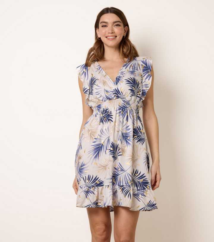 Blue Vanilla Navy Palm Leaf Print Mini Dress