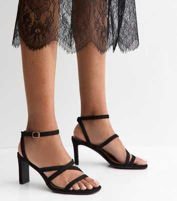 Black Faux Suede Strappy Heeled Sandals