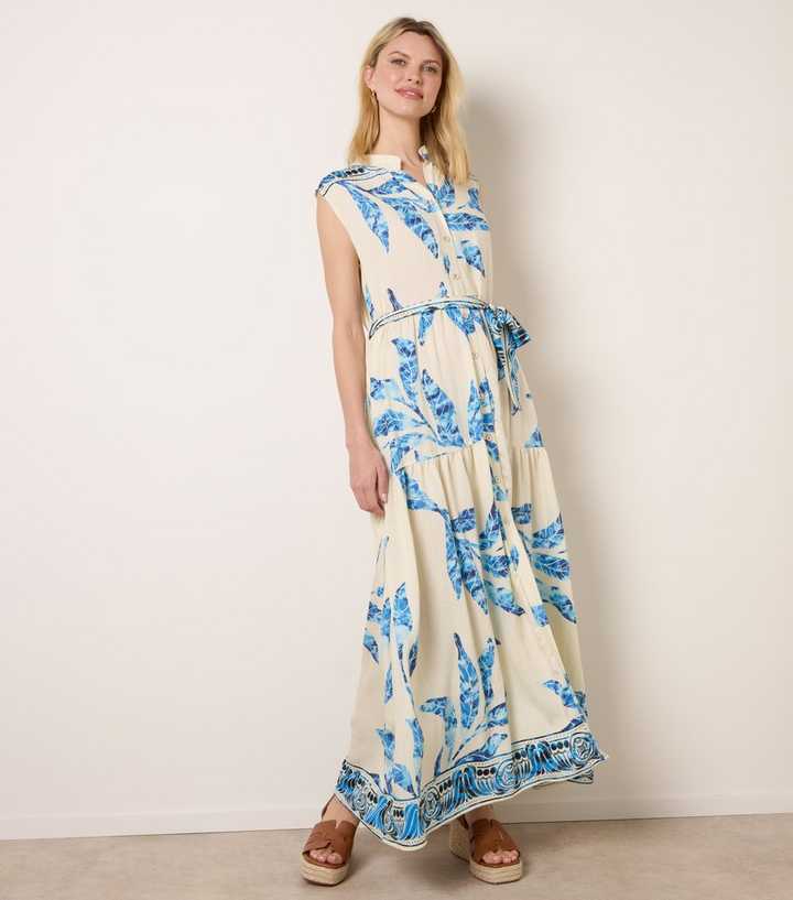 Blue Vanilla Blue Leaf Print Sleeveless Midi Dress