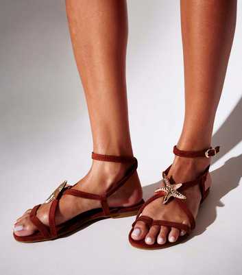 South Beach Brown Faux Suede Starfish Detail Flat Sandals