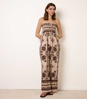 Blue Vanilla Brown Floral Print Diamante Bandeau Jumpsuit