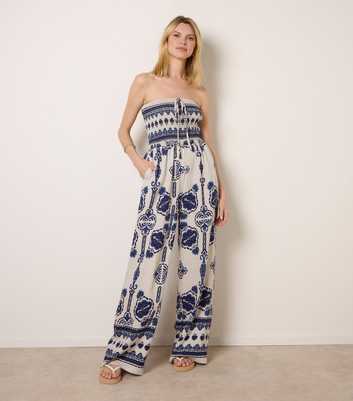 Blue Vanilla Navy Floral Print Diamante Bandeau Jumpsuit