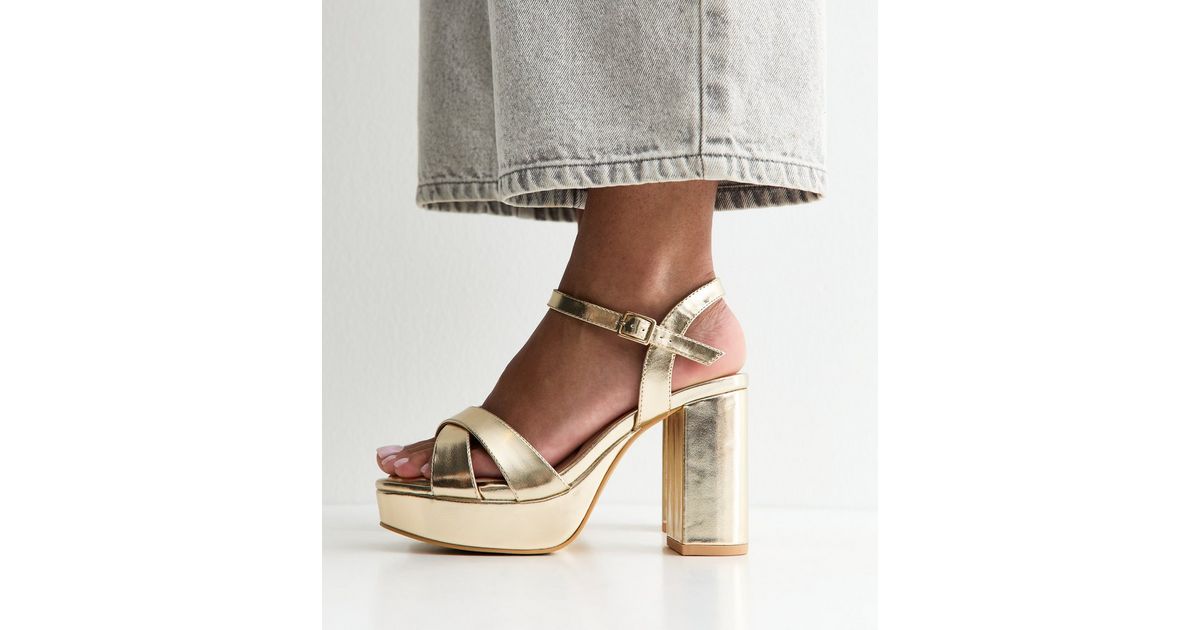 Extra Wide Fit Gold Cross Over Strap Platform Sandals | New Look